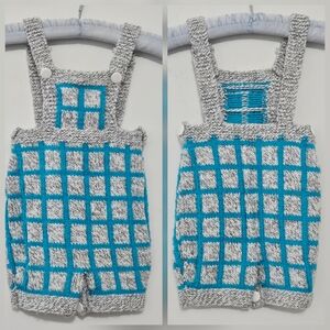 Hand Knit 9 Mos. Grey/Teal Blue Checkerboard Striped Baby Romper Jumpsuit with